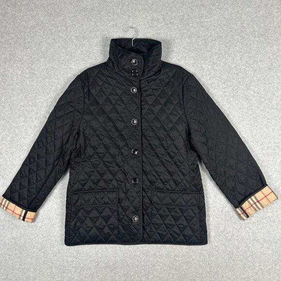 Womens Burberry Quilted Black Jacket Size M Nova Check Button - Picture 2 of 13